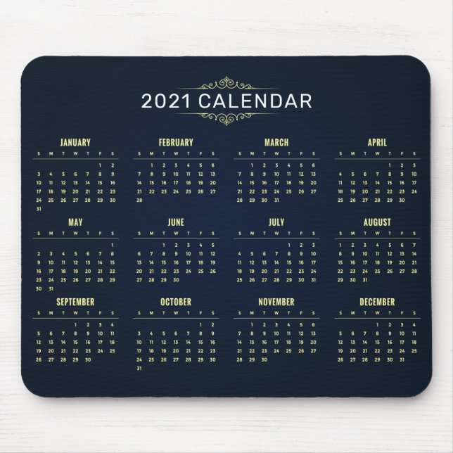 Elegant Gold and Blue 2021 Calendar | Mousepad (Front)