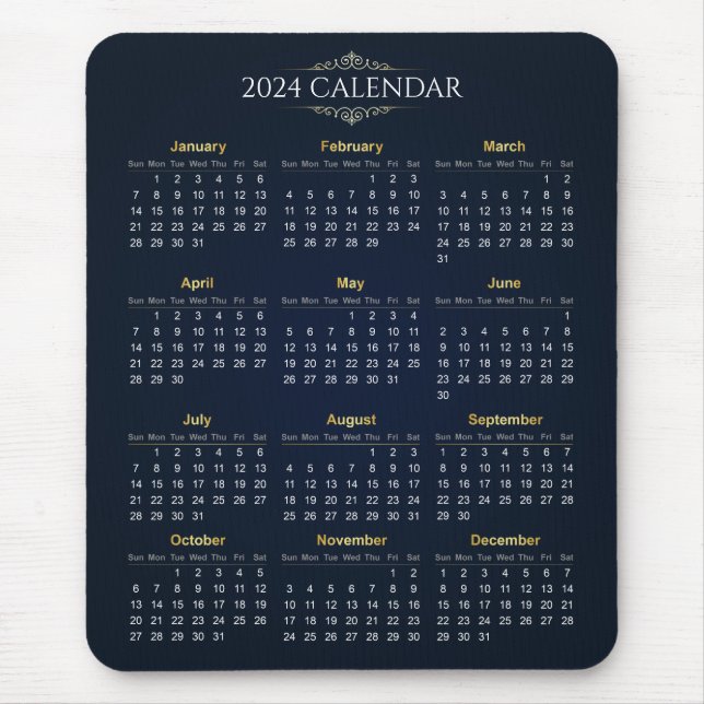 Elegant Gold and Blue 2024 Calendar | Mousepad (Front)