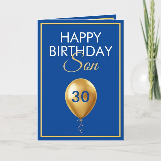 Elegant Gold and Blue Balloon Son 30th Birthday Card (Front)