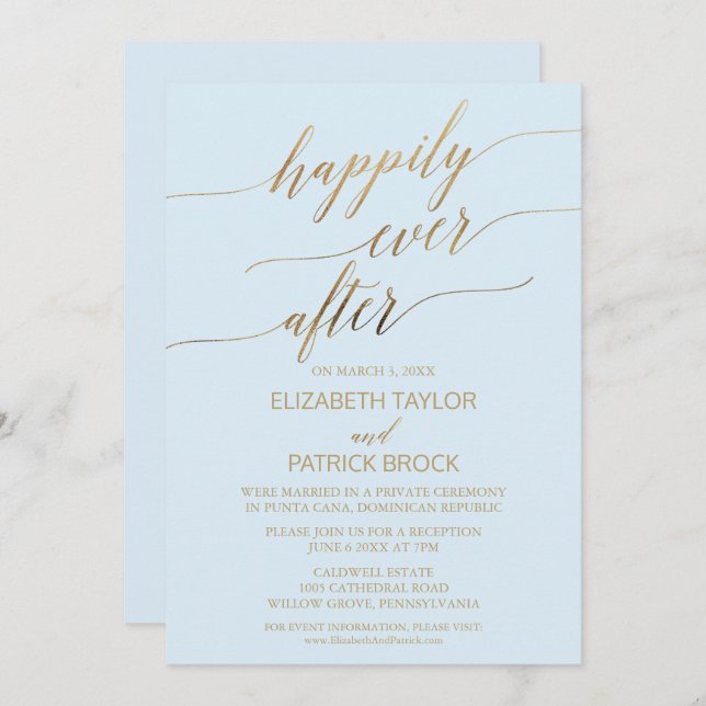 Elegant Gold and Blue Calligraphy Elopement Invitation (Front/Back)