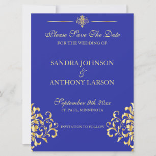Elegant Gold and Blue Damask Save The Date