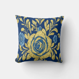 Elegant Gold and Blue Floral Art – Luxury Cushion