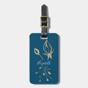 Elegant gold and blue floral custom name luggage tag