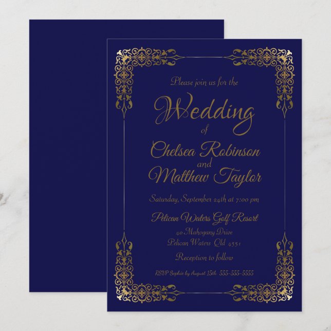 Elegant Gold and Blue Lace Wedding Invitation (Front/Back)