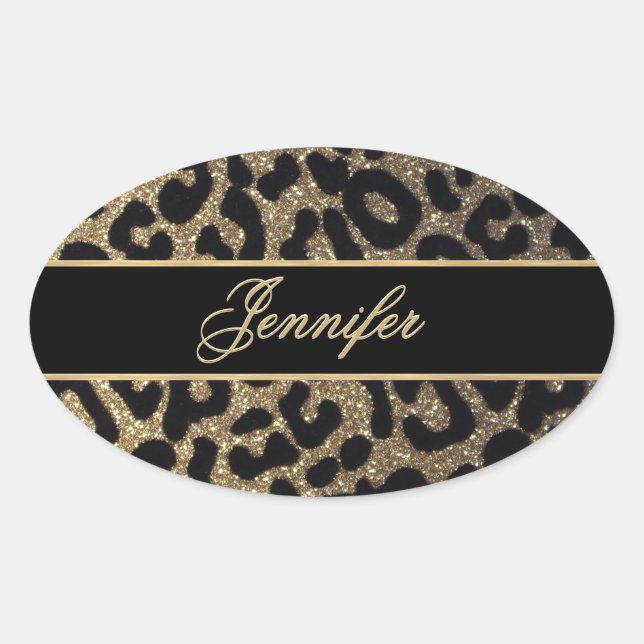 Elegant Gold and Blue Leopard Print Oval Sticker (Front)