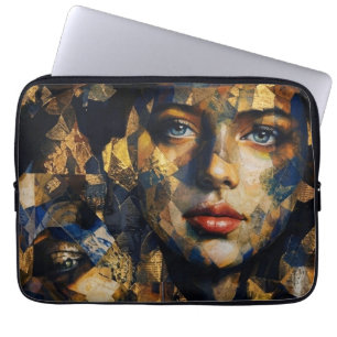 Elegant Gold and Blue Mosaic Woman Portrait - Abst Laptop Sleeve