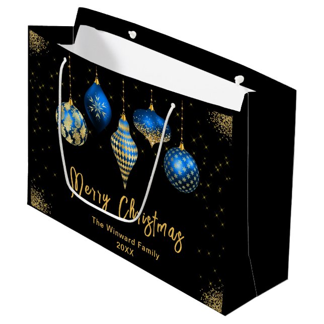Elegant Gold and Blue Ornament Christmas Large Gift Bag (Front Angled)