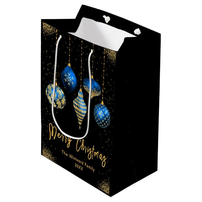 Elegant Gold and Blue Ornament Christmas Medium Gift Bag (Front Angled)