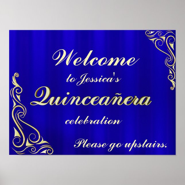 Elegant Gold and Blue Quinceanera Welcome Sign (Front)