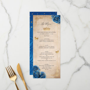 Elegant Gold and Blue Roses Watercolor Floral Menu