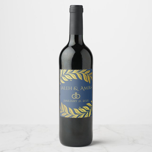 Elegant Gold and Blue Wedding Sign Wine Label (Front)