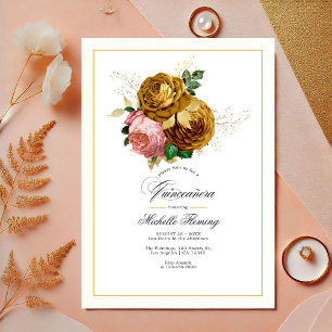 Elegant Gold and Blush Floral Quinceañera Photo Invitation
