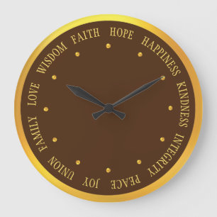 Elegant Gold and Brown Good Vibes Large Clock