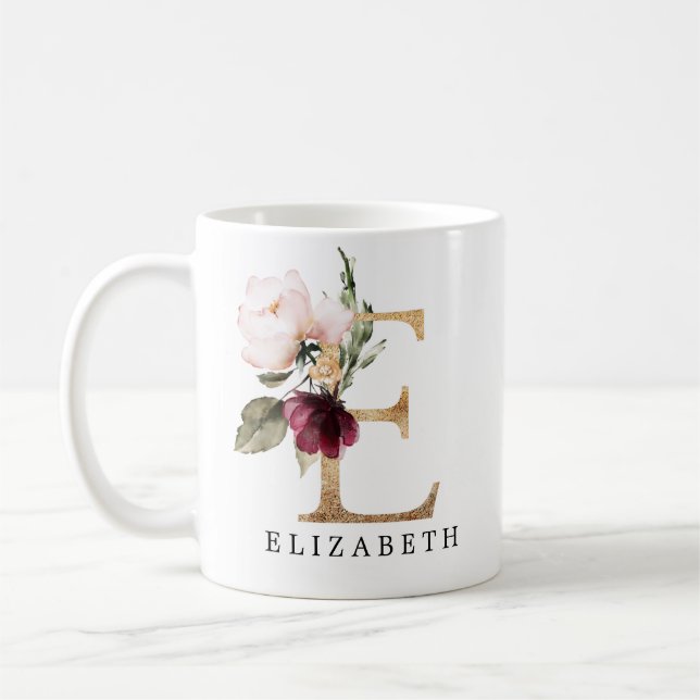 Elegant Gold and Burgundy Blush Flower Letter E Coffee Mug (Left)