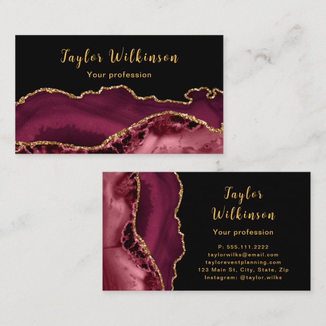 Elegant Gold and Burgundy Red Agate Business Card (Front/Back)
