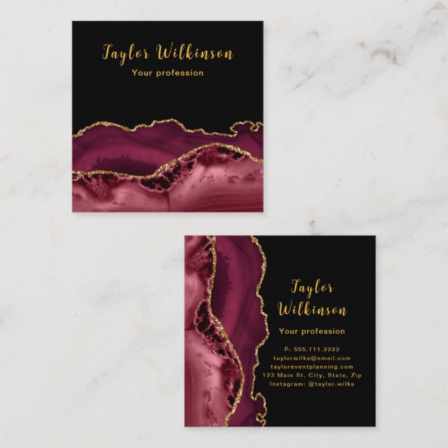 Elegant Gold and Burgundy Red Agate Square Business Card (Front/Back)