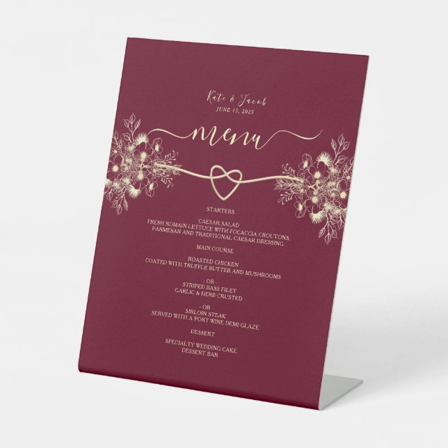 Elegant Gold and Burgundy Wedding Menu  Pedestal Sign (Front)