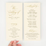 Elegant Gold and Cream Calligraphy Wedding Programme<br><div class="desc">Discover the epitome of refined elegance with our Cream and Gold Wedding Program. Adorned with luxurious, ornate swirly calligraphy, this program seamlessly marries opulence with practicality, offering a comprehensive guide to your unforgettable day. The front of the program presents the intricate details of the ceremony, exquisitely written in gold against...</div>