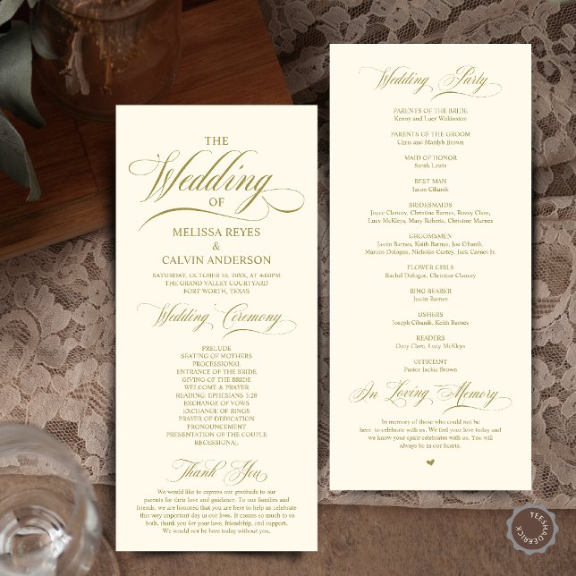 Elegant gold and cream Script Wedding Ceremony Programme (Elegant Cream and Grey Script Wedding Ceremony Order Program Card in Cream and Gold)