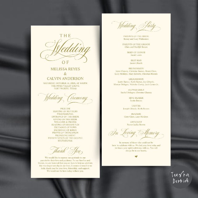 Elegant Gold and Cream Script Wedding Ceremony Programme (Elegant Gold and Cream Script Wedding Ceremony Order Program Card)