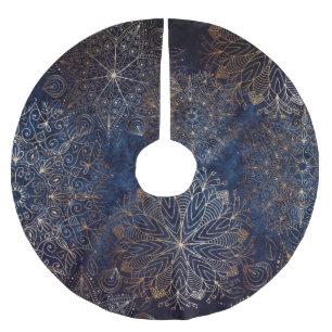 Elegant Gold and Dark Blue Floral Mandala Pattern Brushed Polyester Tree Skirt