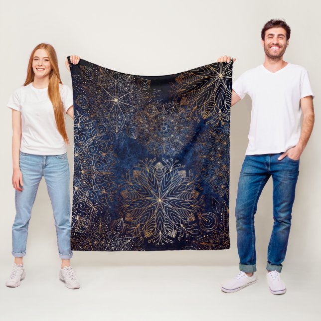 Elegant Gold and Dark Blue Floral Mandala Pattern Fleece Blanket (In Situ)