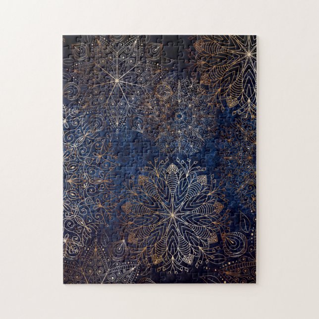 Elegant Gold and Dark Blue Floral Mandala Pattern Jigsaw Puzzle (Vertical)