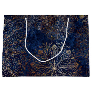 Elegant Gold and Dark Blue Floral Mandala Pattern Large Gift Bag