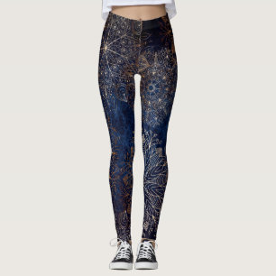 Elegant Gold and Dark Blue Floral Mandala Pattern  Leggings