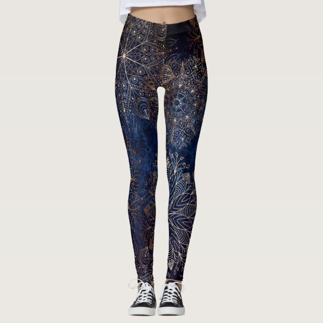Elegant Gold and Dark Blue Floral Mandala Pattern  Leggings (Front)