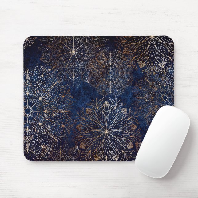 Elegant Gold and Dark Blue Floral Mandala Pattern  Mouse Mat (With Mouse)