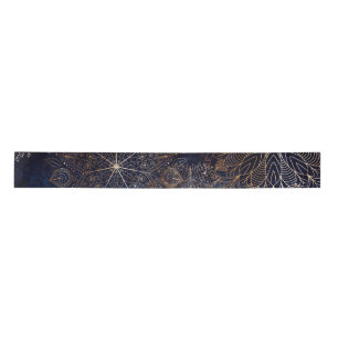Elegant Gold and Dark Blue Floral Mandala Pattern Satin Ribbon