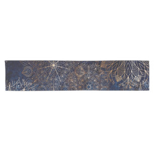 Elegant Gold and Dark Blue Floral Mandala Pattern Short Table Runner