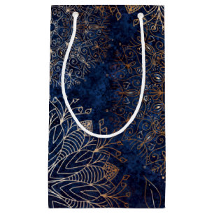 Elegant Gold and Dark Blue Floral Mandala Pattern Small Gift Bag