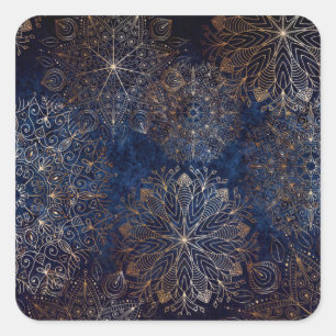 Elegant Gold and Dark Blue Floral Mandala Pattern Square Sticker