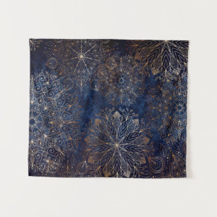 Elegant Gold and Dark Blue Floral Mandala Pattern Tapestry