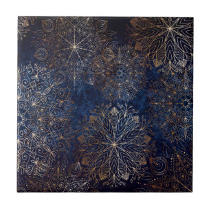 Elegant Gold and Dark Blue Floral Mandala Pattern Tile