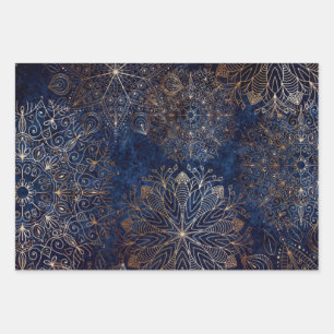 Elegant Gold and Dark Blue Floral Mandala Pattern  Wrapping Paper Sheet