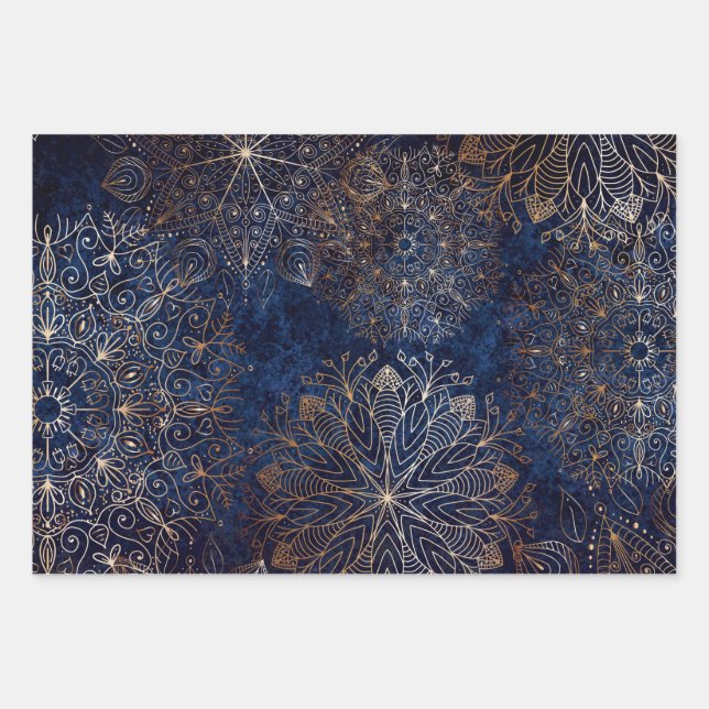 Elegant Gold and Dark Blue Floral Mandala Pattern  Wrapping Paper Sheet (Front)