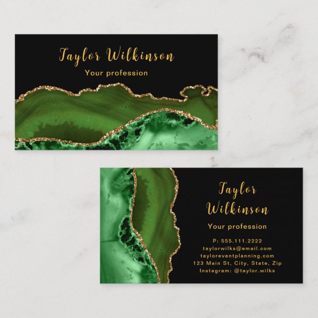 Elegant Gold and Dark Green Agate Business Card (Front/Back)
