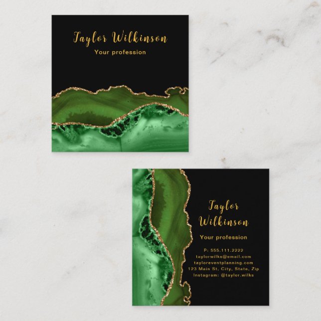 Elegant Gold and Dark Green Agate Square Business Card (Front/Back)