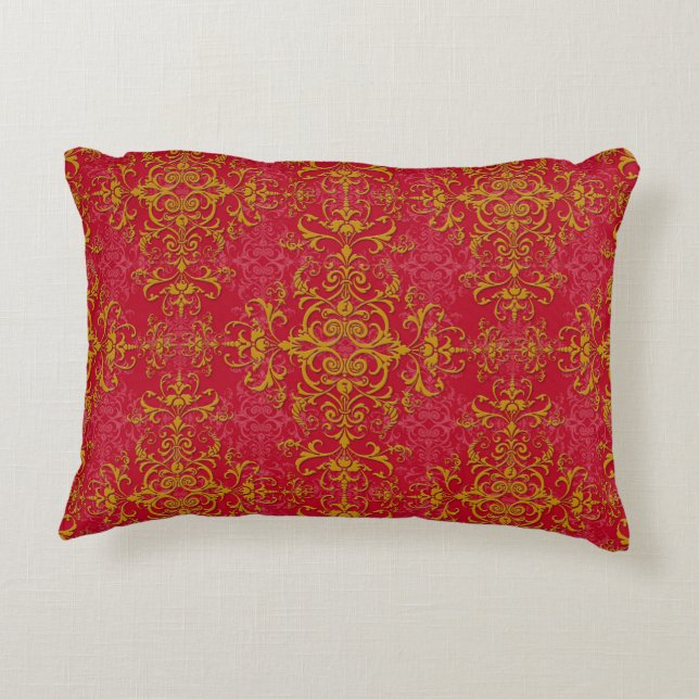 Elegant Gold and Deep Pink Floral Damask Pattern Decorative Cushion (Back)