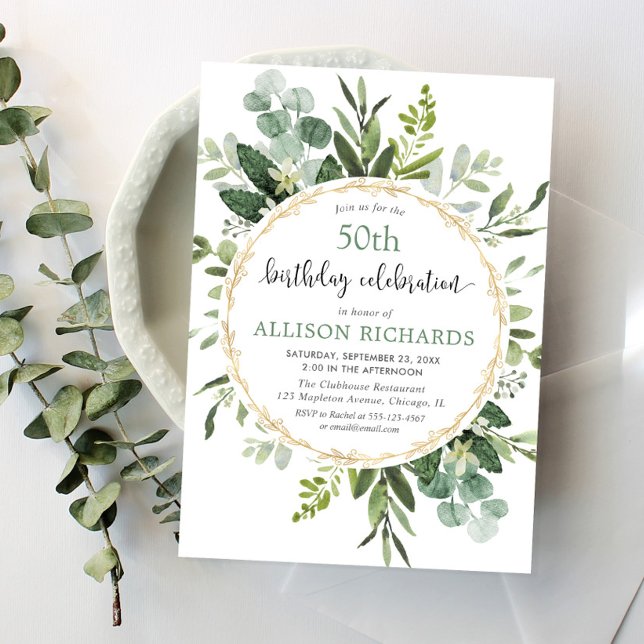 Elegant gold and eucalyptus adult birthday invitation (Creator Uploaded)