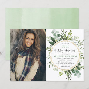 Elegant gold and eucalyptus adult birthday photo invitation