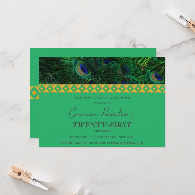 Elegant Gold and Feathers Birthday Invitation (Front/Back In Situ)