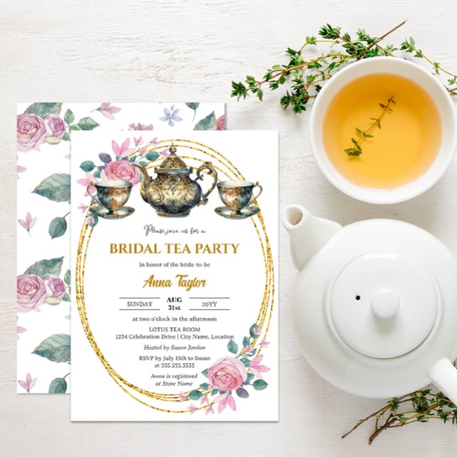 Elegant Gold and Floral Bridal Tea Party Invitation (Elegant gold and floral tea party invitation front view.)