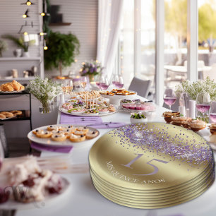 Elegant Gold and Glitter Quinceañera Paper Plate