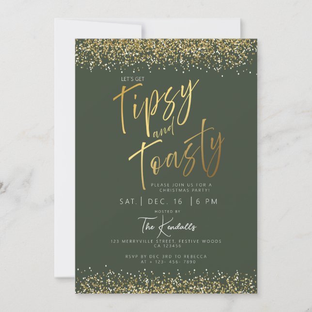 Elegant Gold and Green Christmas Party Invitation (Front)