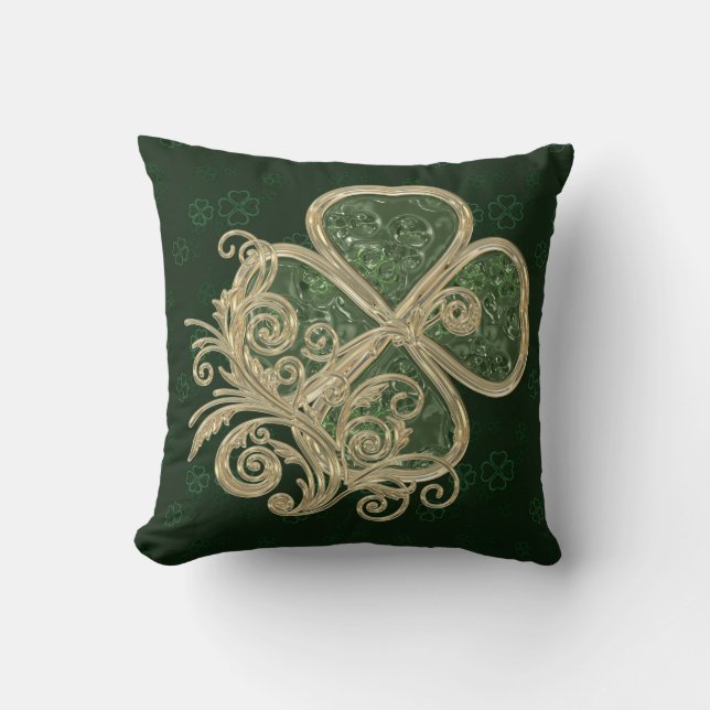 Elegant Gold and Green Clover Brooch Cushion (Front)