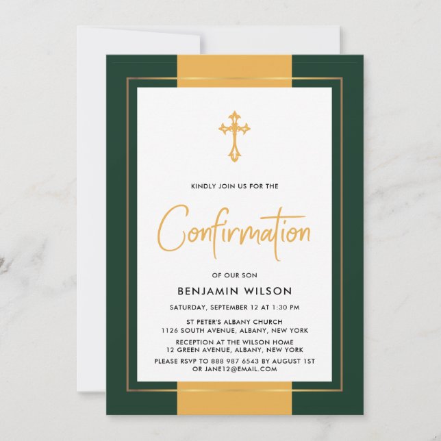 Elegant Gold And Green Confirmation Invitation (Front)